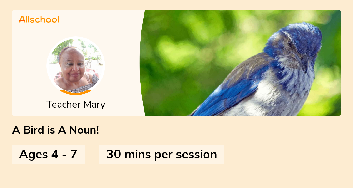 A Bird is A Noun! Live interative class for ages 47 taught by