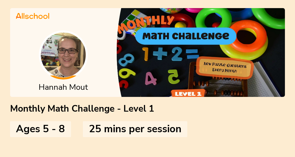 Monthly Math Challenge Level 1 Live interative class for ages 58