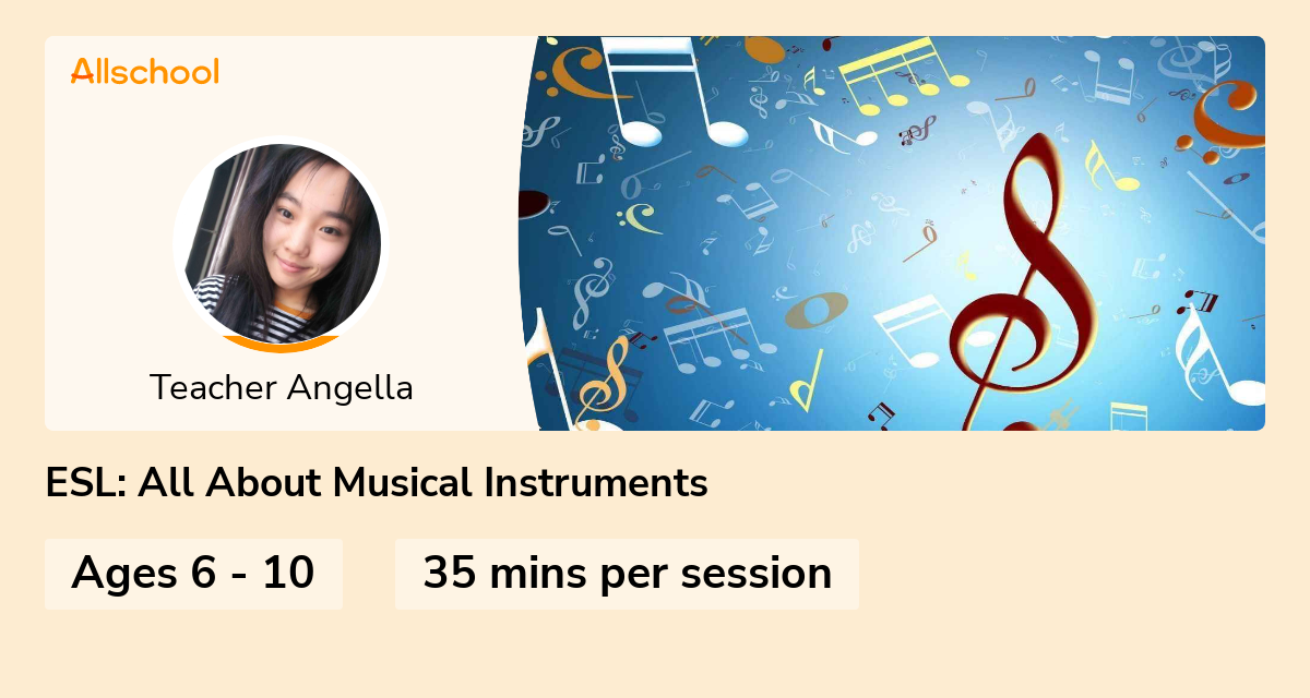 ESL All About Musical Instruments Live interative class for ages 610 taught by Teacher