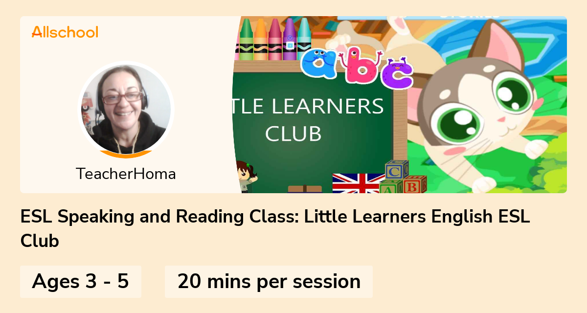 Little Learners English ESL Club Live interative class for ages 35 taught by Teacher Homa